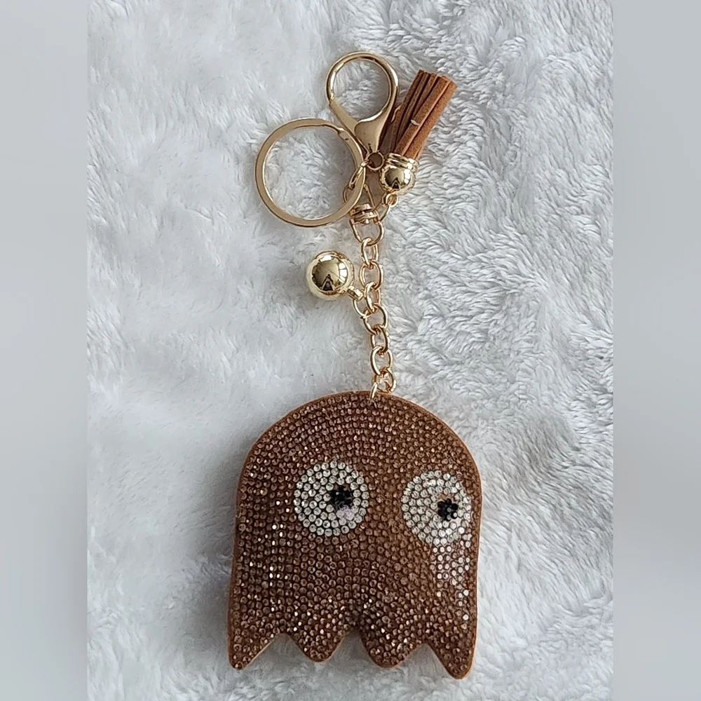 Pacman Brown Ghost Rhinestone Keychain Video Game Bag Charm